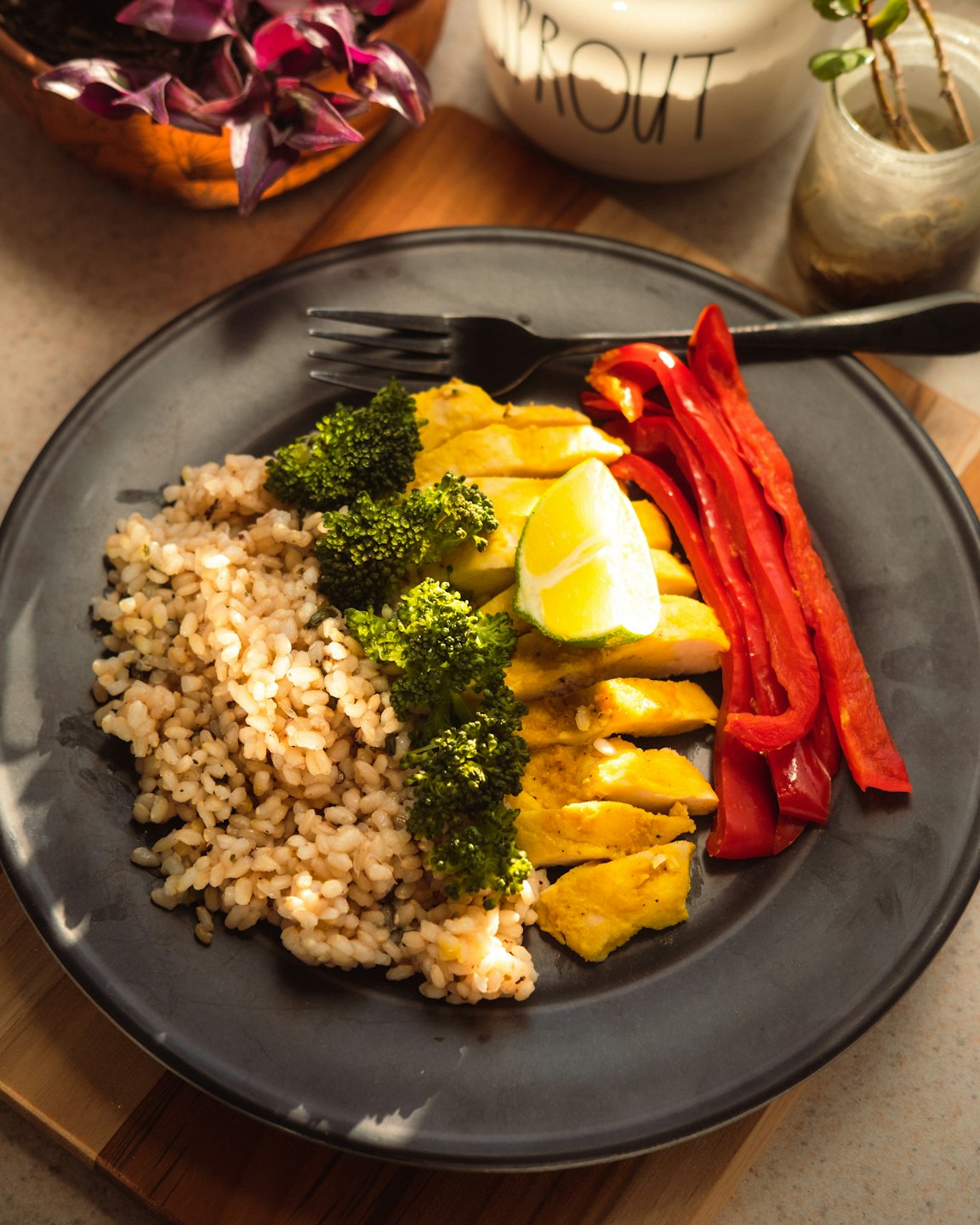 Healthy meal of chicken, rice, and vegetables with lime on plate.